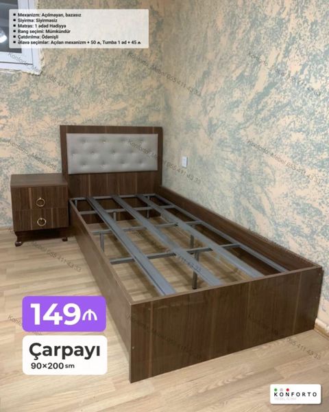 Çarpayı – 90×200 sm Model: Açılmayan, bazasız Sıyırma: Sıyırmasız — Bakı