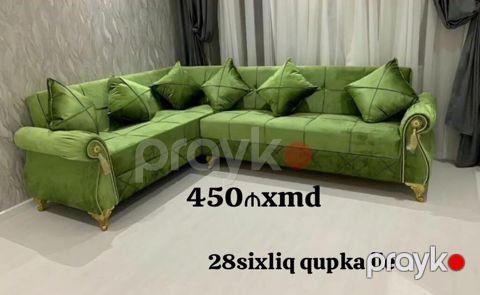 Yaşıl rəngli L formalı künc divanı. - Material: yumşaq məxməri parça — Mehdiabad