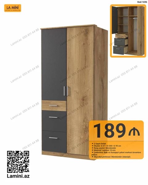 İki qapılı dolab – La Mini dizayn - Ölçülər: D 47 H 200 E 90 sm — Bakı