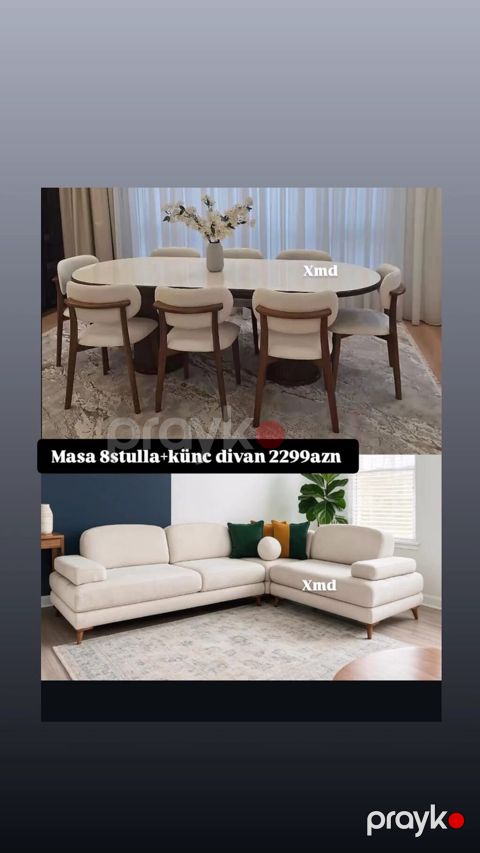 Mebel dəsti: Masa 8 stul ilə + künc divan - Yemək masası: oval — Bakı