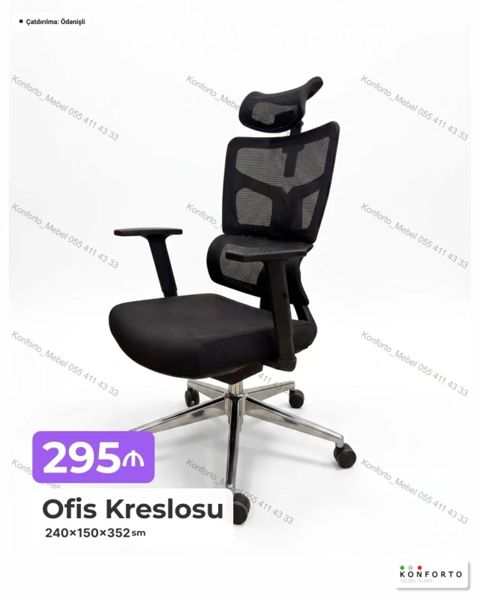 Ofis kreslosu – ergonomik dizaynlı, qara rəng. Qiymət: 295₼ Ölçülər — Bakı