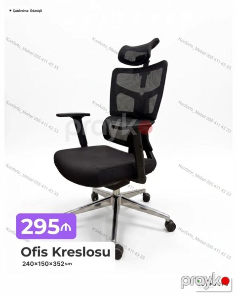 Ofis kreslosu – ergonomik dizaynlı, qara rəng. Qiymət: 295₼ Ölçülər — Bakı