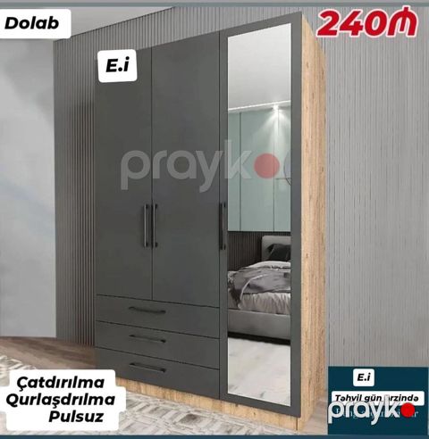 Dolab – 3 qapılı, güzgülü model Ön hissə: 2 qapı + tam ölçülü — Bakı