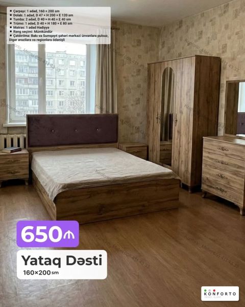 Yataq Dəsti – 160×200 sm Komplekt: - Çarpayı: 1 ədəd, 160×200 sm — Bakı