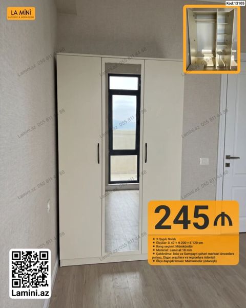 3 qapılı dolab - Ölçü: D 47 H 200 E 120 sm - Rəng seçimi — Bakı