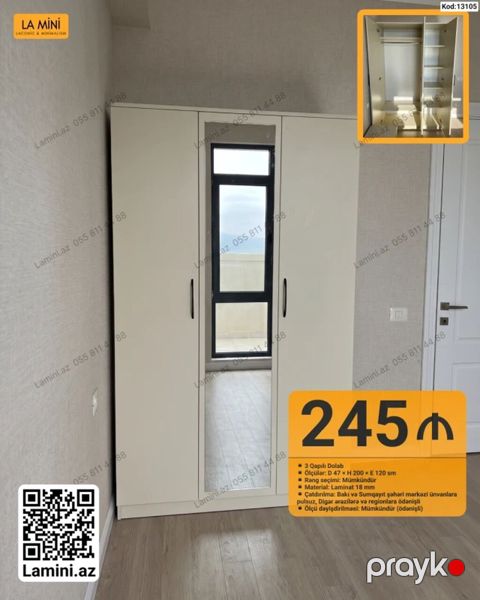 3 qapılı dolab - Ölçü: D 47 H 200 E 120 sm - Rəng seçimi — Bakı