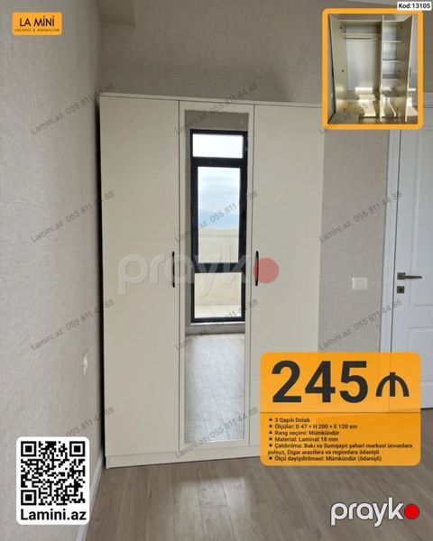 3 qapılı dolab - Ölçü: D 47 H 200 E 120 sm - Rəng seçimi — Bakı