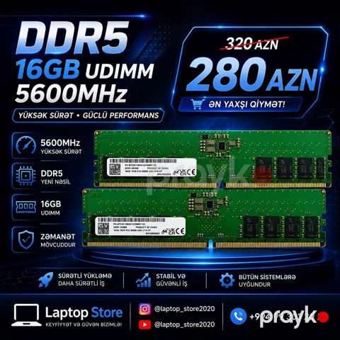 DDR5 16GB 5600MHz RAM — 280 AZN Tutumu: 16GB Tip: DDR5 udımm — Bakı