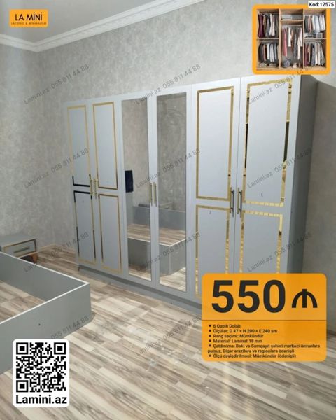 6 qapılı paltar dolabı - Ölçü: D 47 H 200 E 240 sm - Rəng seçimi — Bakı