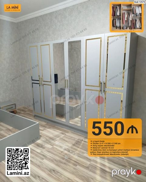 6 qapılı paltar dolabı - Ölçü: D 47 H 200 E 240 sm - Rəng seçimi — Bakı