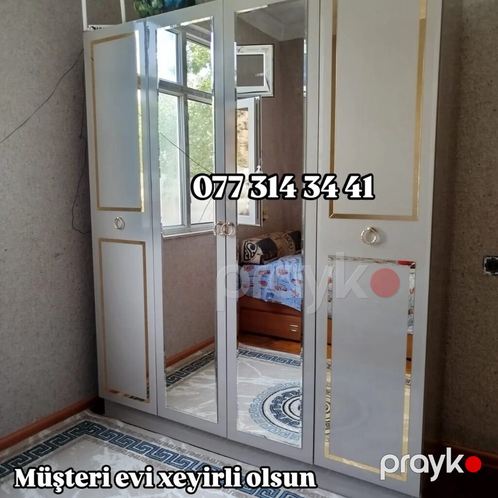 Dördkapılı paltar dolabı – güzgülü və zərif qızılı haşiyəli dizayn — Şkaflar, Bakı (2)