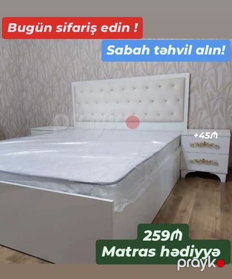 Ağ rəngli, modern dizaynlı yataq dəsti: - Yumşaq düyməli başlıqla
