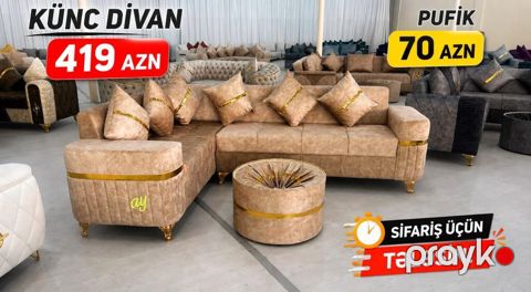 Künc divan dəsti - Model: yumşaq toxumalı, bej rəngli künc divan — Bakı