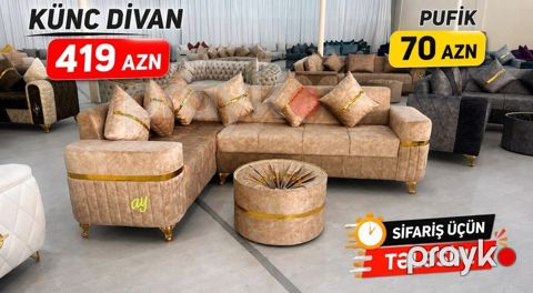 Künc divan dəsti - Model: yumşaq toxumalı, bej rəngli künc divan — Bakı