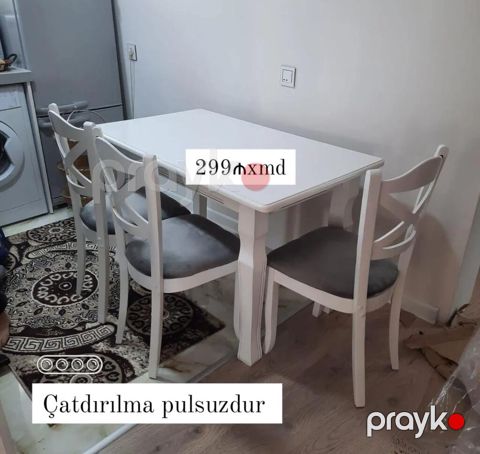 Ağ rəngdə yemək masası və 4 ədəd stul dəsti. Xüsusiyyətlər: - Kompakt — Bakı