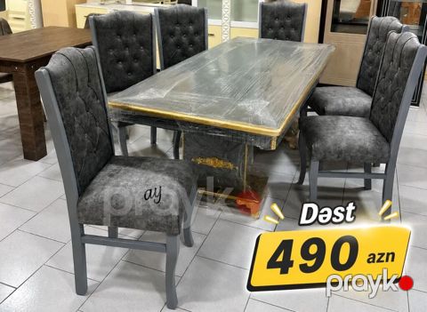 Yemək otağı dəsti - Tərkib: 1 ədəd masa + 6 ədəd stul - Rəng: boz — Bakı