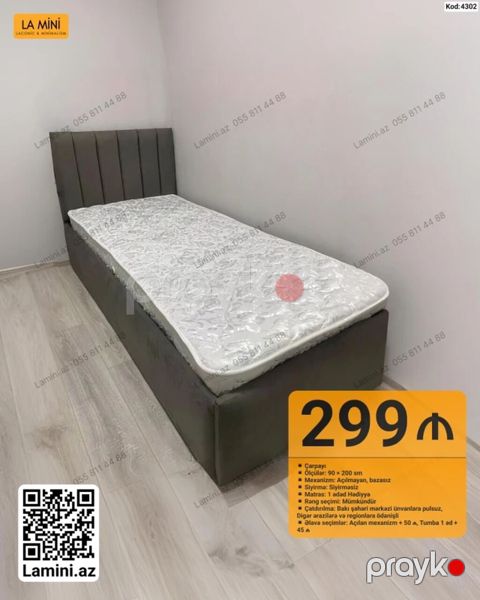 Tək nəfərlik çarpayı – Kod: 4302 - Ölçü: 90 200 sm - Mexanizm — Bakı