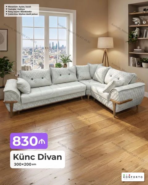 Künc divan – 300×200 sm Xüsusiyyətlər: - Mexanizm: açılan, bazalı — Bakı