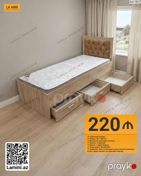 LA Mını tək nəfərlik çarpayı – 3 siyirməli model Ölçü: 90 200 sm — Bakı