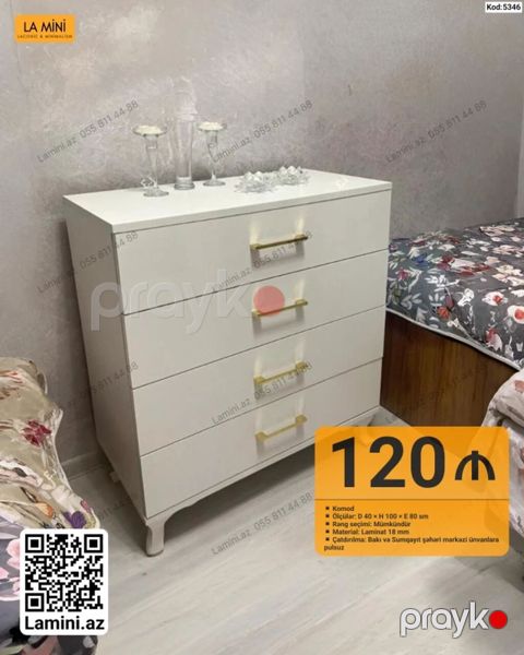 Ağ rəngli komod - Model: Kod 5346 - Ölçülər: D 40 H 100 E 80 sm — Bakı