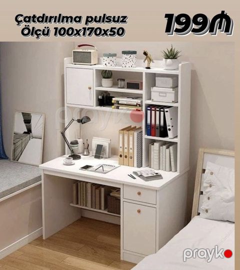 Ağ rəngli çoxfunksiyalı iş/oxu masası və üst rəf bloku. Ölçü — Bakı