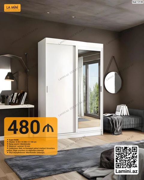 Kupe Dolab - Model: Ağ rəngdə sürgülü qapılı kupe dolab, bir qapıda — Bakı