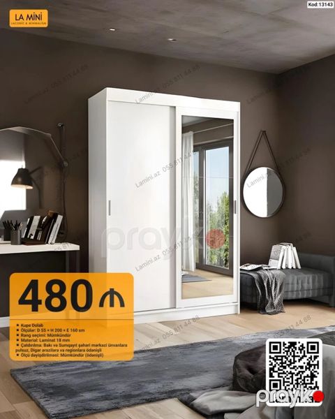 Kupe Dolab - Model: Ağ rəngdə sürgülü qapılı kupe dolab, bir qapıda — Bakı