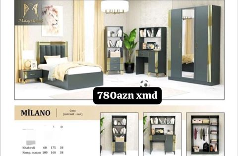Milano gənc otağı dəsti – antrasit (mat) rəng palitrası və qızılı — Mehdiabad