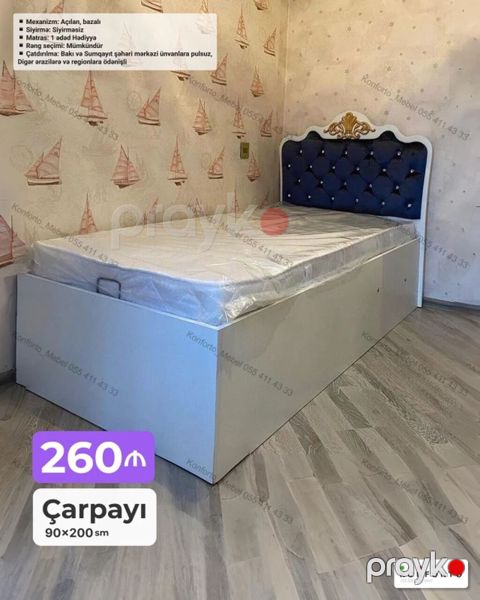 Çarpayı – 90×200 sm ölçüdə, açılan bazalı model. Başlıq hissəsi — Bakı