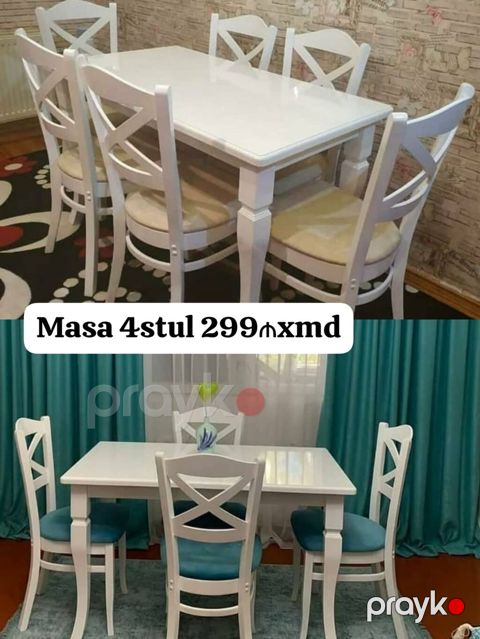 Ağ rəngdə yemək otağı dəsti: - 1 ədəd düzbucaqlı masa, klassik və — Bakı