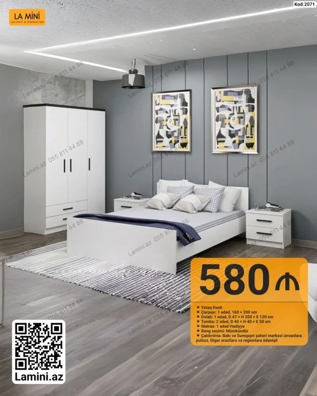 LA Mını – Yataq Dəsti (Kod: 2071) Tərkibi: - Çarpayı: 1 ədəd, 160 — Yataq otağı mobilya dəstləri, Bakı