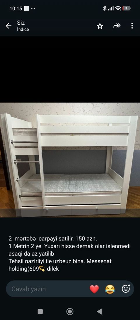 077 613 12 74 İki mərtəbəli çarpayı – 150 AZN - Rəng: ağ - Ölçü: 1 — Bakı