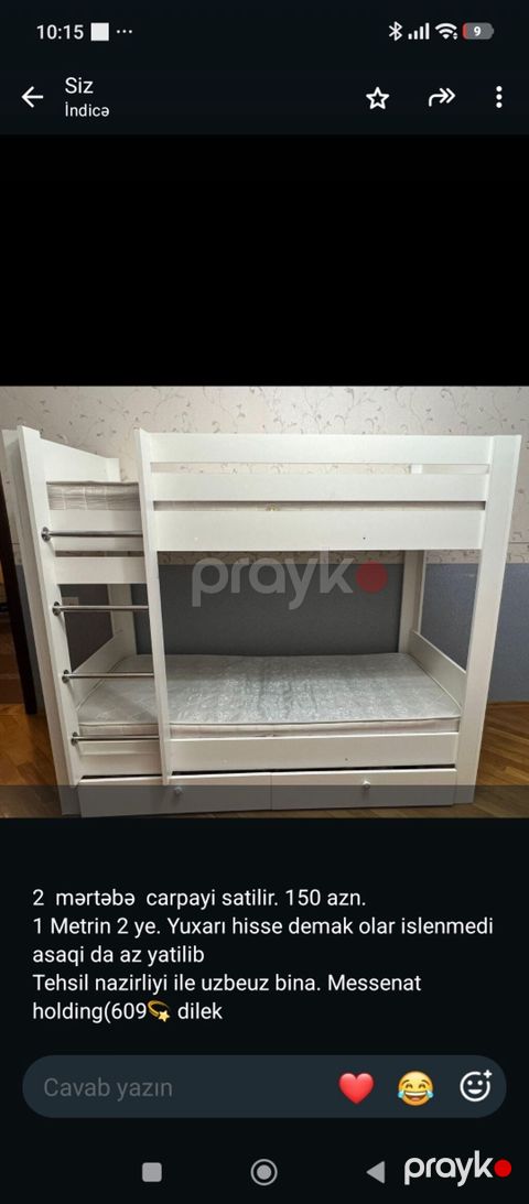 077 613 12 74 İki mərtəbəli çarpayı – 150 AZN - Rəng: ağ - Ölçü: 1 — Bakı