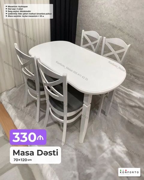 Masa dəsti – 70×120 sm - Dəstə daxildir: 1 ədəd masa + 4 ədəd stul — Bakı