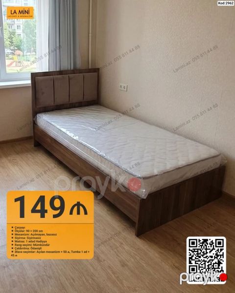 Tək nəfərlik çarpayı – Kod: 2962 - Ölçü: 90 200 sm - Mexanizm — Bakı