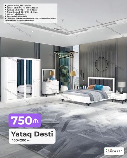 Yataq Dəsti – 160×200 sm Dəst tərkibi: - Çarpayı: 1 ədəd, 160×200 sm — Bakı