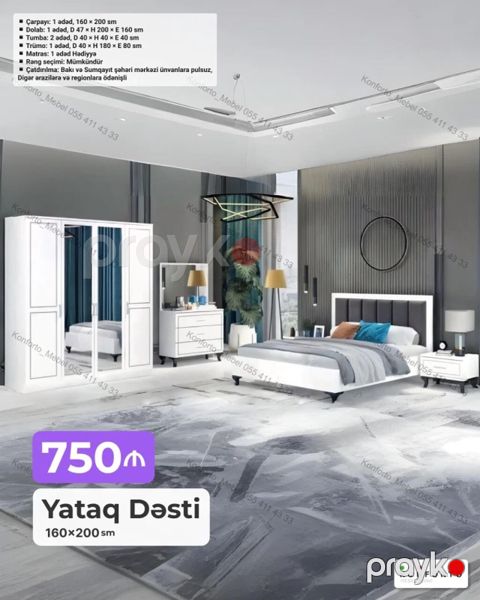 Yataq Dəsti – 160×200 sm Dəst tərkibi: - Çarpayı: 1 ədəd, 160×200 sm — Bakı