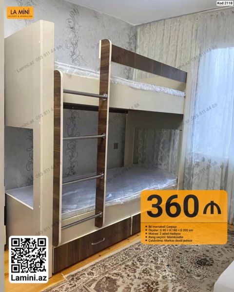 İki mərtəbəli çarpayı - Ölçülər: D 90 x H 180 x E 200 sm - Matras: 2 — Bakı
