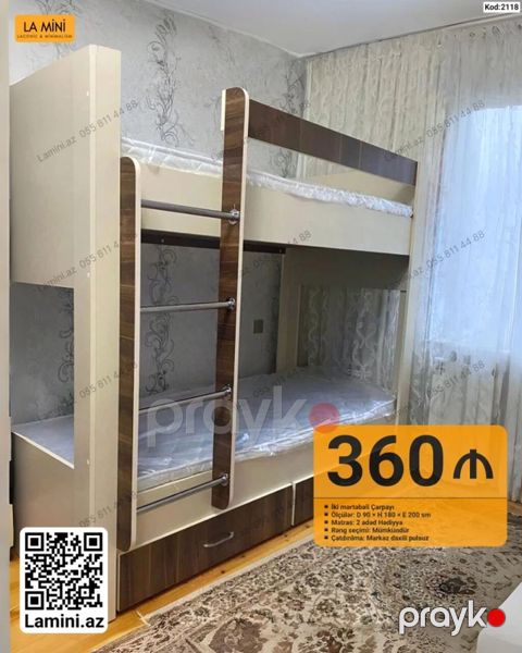 İki mərtəbəli çarpayı - Ölçülər: D 90 x H 180 x E 200 sm - Matras: 2 — Bakı
