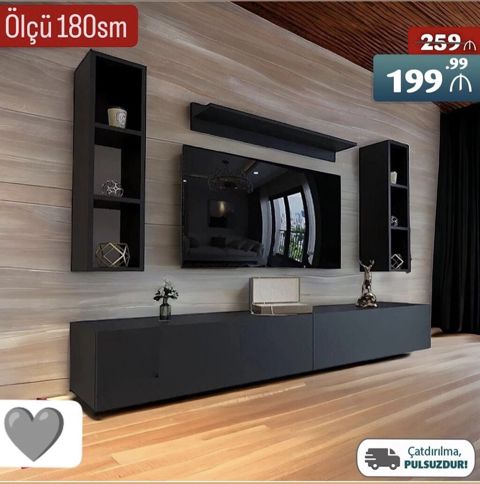 TV stend və divar rəfi dəsti - Ölçü: 180 sm - Rəng: mat qara — Bakı