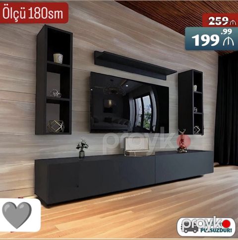 TV stend və divar rəfi dəsti - Ölçü: 180 sm - Rəng: mat qara — Bakı