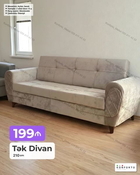 Tək divan – 210 sm - Mexanizm: açılan, bazalı - Yastıqlar: 2 ədəd — Bakı