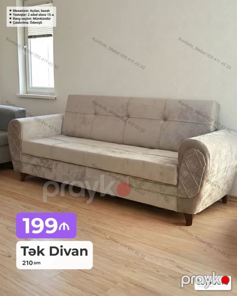 Tək divan – 210 sm - Mexanizm: açılan, bazalı - Yastıqlar: 2 ədəd — Bakı