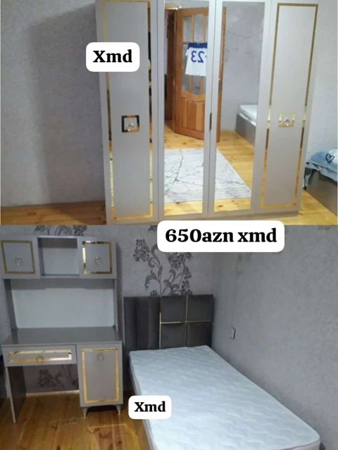 Yataq otağı mebel dəsti - 3 qapılı dolab: orta qapı güzgülü, boz — Mehdiabad