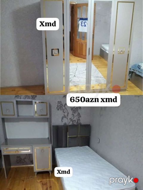 Yataq otağı mebel dəsti - 3 qapılı dolab: orta qapı güzgülü, boz — Mehdiabad