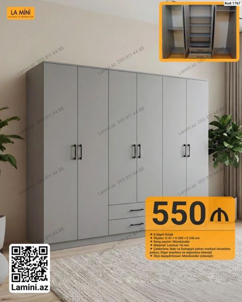 6 qapılı dolab – Kod: 1767 - Ölçülər: Dərinlik 47 sm Hündürlük 200 — Bakı