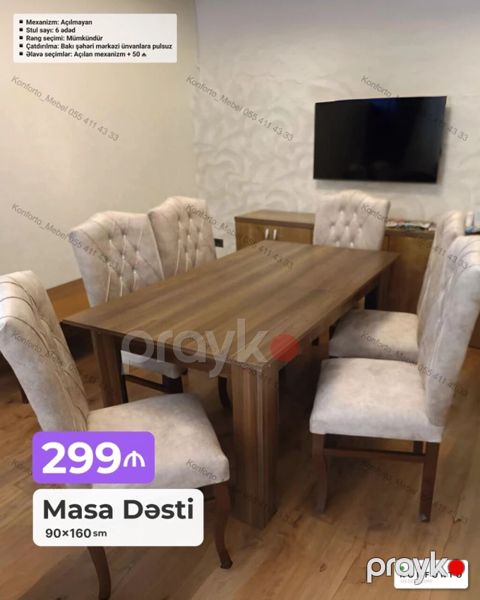 Məhsul: Masa Dəsti - Ölçü: 90×160 sm - Komplekt: 6 ədəd stul + masa — Bakı