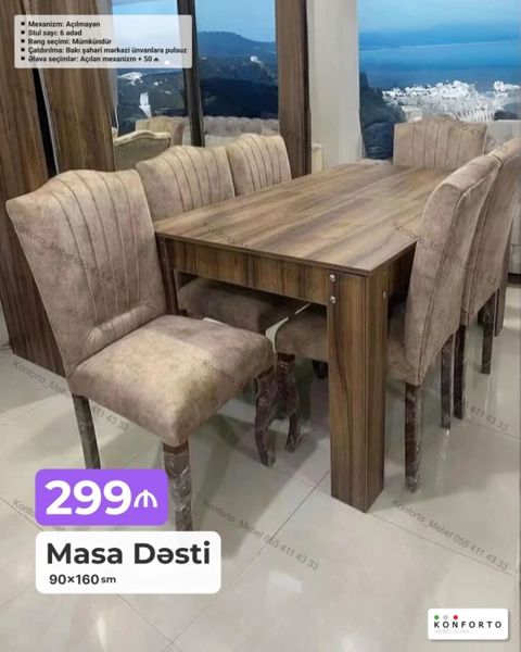 Masa Dəsti – 90×160 sm - Dəst: 1 masa + 6 ədəd stul - Mexanizm — Bakı