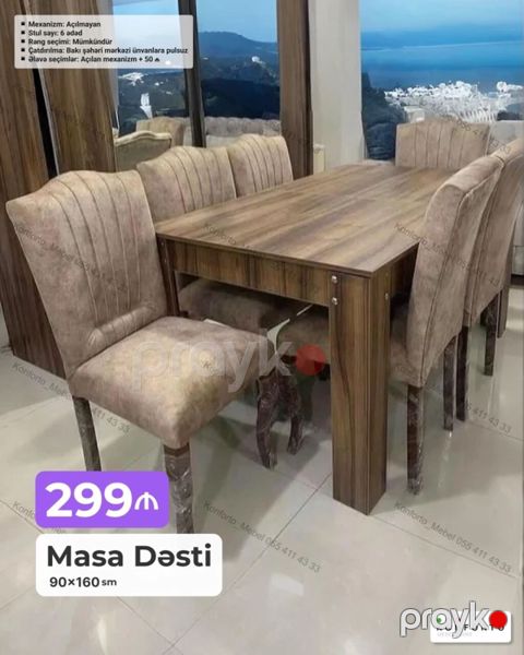 Masa Dəsti – 90×160 sm - Dəst: 1 masa + 6 ədəd stul - Mexanizm — Bakı
