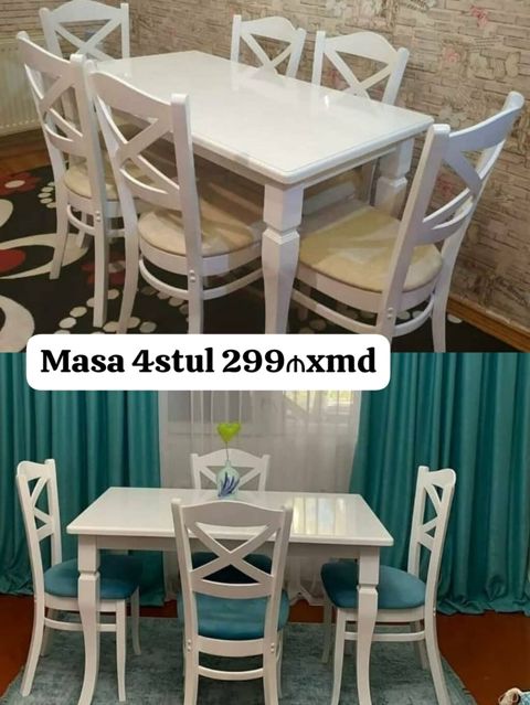 Ağ rəngli yemək otağı dəsti – 1 masa + 4 stul - Klassik dizayn — Mehdiabad